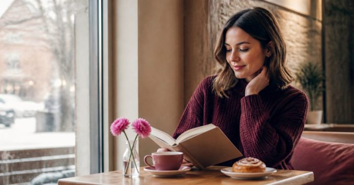 Are You Spending Valentine’s Day Alone? Here’s How to Truly Enjoy It Adult woman enjoying a book, tea and pastry alone at a cozy cafe