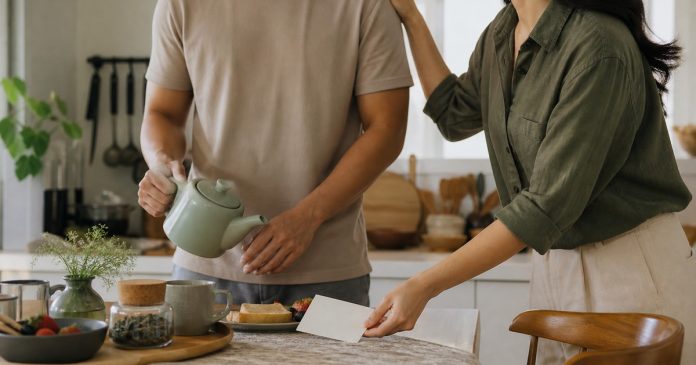 A couple sharing tea, a handwritten note, and an affectionate moment in a bright kitchen