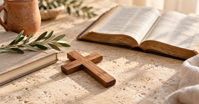 An open book, a simple wooden cross and a journal on a sunlit table for reflection on faith and spiritual beliefs.