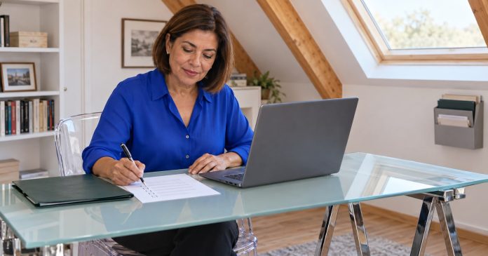 Comparing service details before booking Woman in her fifties comparing written notes beside an open graphite laptop at a glass desk in an attic workspace.