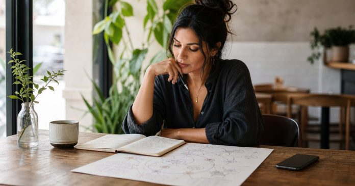 Person reflecting on dating patterns with notes and a journal in a bright café