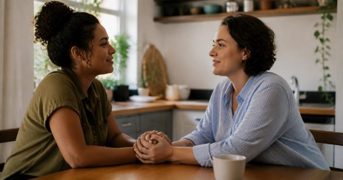 Two adult women talking warmly and holding hands at home