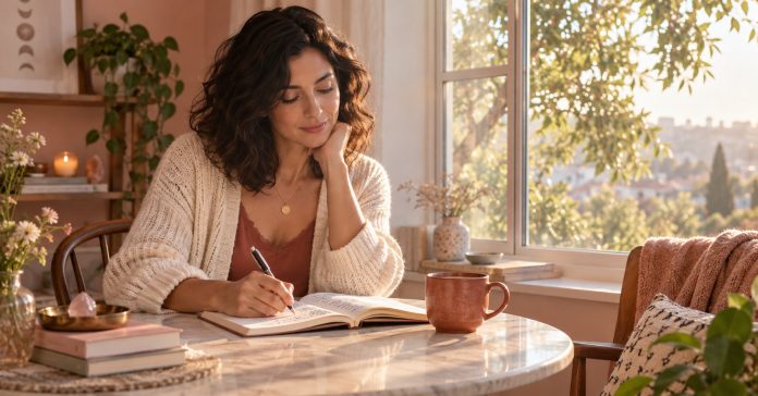 A woman reflecting on relationship questions in a journal beside a window.