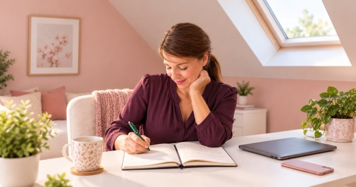 A woman reviewing private relationship-reading notes at a desk in a bright attic study.