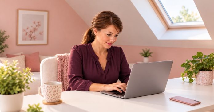 A woman in a plum blouse typing notes on a gray laptop at a desk in a bright attic study.