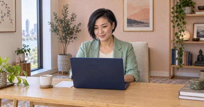 love-websites-distinct-model-20261014 Illustrative client comparing relationship-reading websites on a laptop in a bright apartment study.
